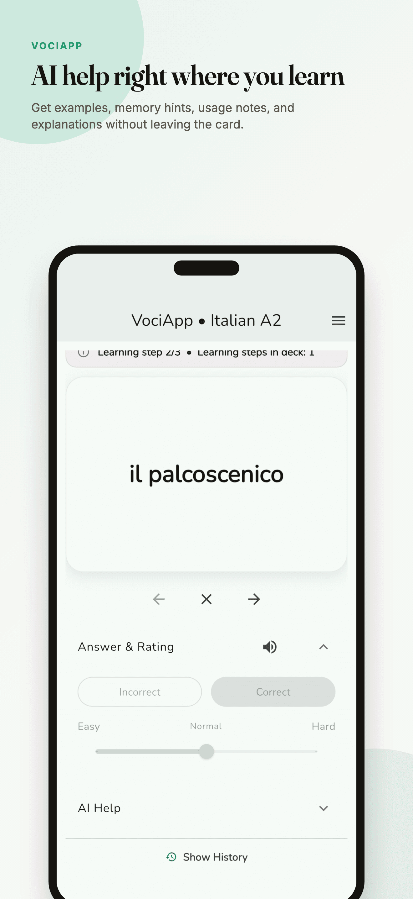VociApp AI help with examples and mnemonics on a card